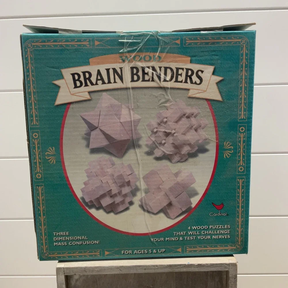 Cardinal Wood Brain Benders 4 Piece 3D Wooden Interlocking Puzzle Set  Vintage